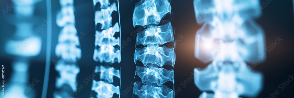 Poster multiple medical scans are displaying the complex structure of human spine vertebrae, highlighting p
