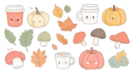 Cute autumn elements, coffee, pumpkins, leaves, mushrooms, fall design, digital illustration