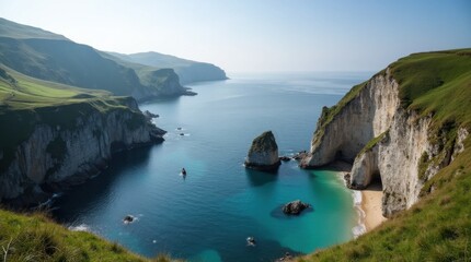 Calm Ocean Inlet Surrounded by Cliffs and Green Hills