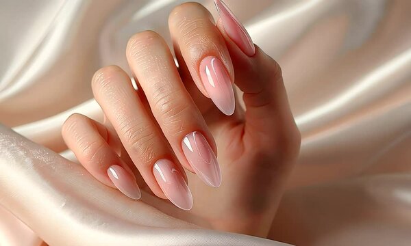 Elegant nude pink almond-shaped nails with a glossy finish