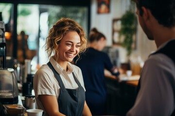 Cheerful barista smiling while taking an order from a customer in a busy coffee shop