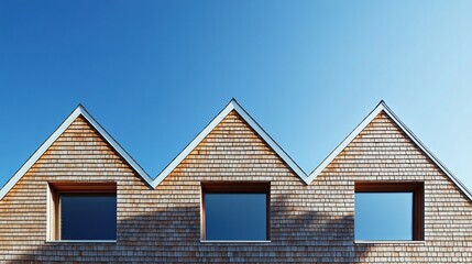 Three gable roof sections with windows against a clear blue sky.