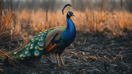 Fototapeta premium A peacock walking through ash-covered grassland, its vibrant feathers contrasting the darkened surroundings.