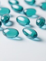 Teal capsules are randomly arranged on a light surface, highlighting their glossy texture and vibrant color. The empty space allows for additional text or design elements