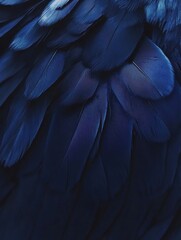 Fototapeta premium Close-up of rich blue feathers reveals stunning details and textures. The feathers shimmer in the light, emphasizing their beauty and complexity in nature