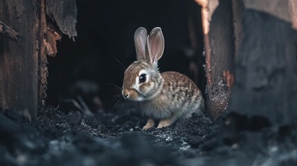 Fototapeta premium A rabbit huddling under a burnt log, its ears alert amidst the ash-covered surroundings.