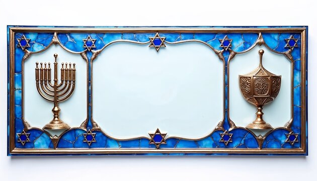 Decorative frame with blue and white glass panels featuring menorahs and stars of David, copy space.