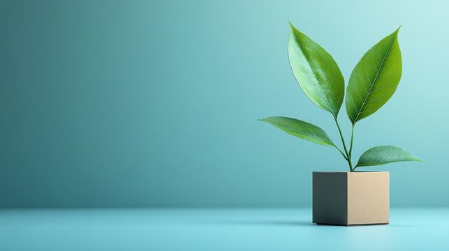 Green plant in hexagon pot on blue backdrop.