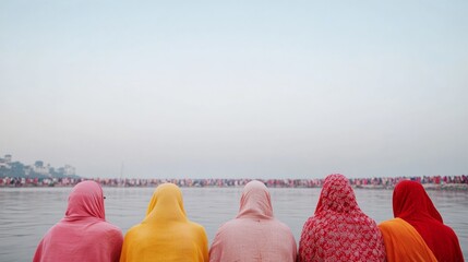 Devotees Gather by the Ganges Colorful Traditional Attire at Sunrise Amidst Devotees