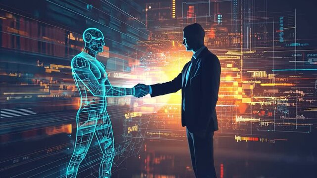 A man shaking hands with a futuristic bionic to show cooperation in business, technology, and artificial intelligence