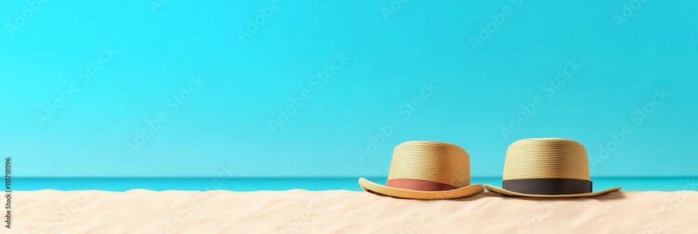 Poster two panama hats are resting on a sandy beach with turquoise ocean and clear blue sky in the backgrou