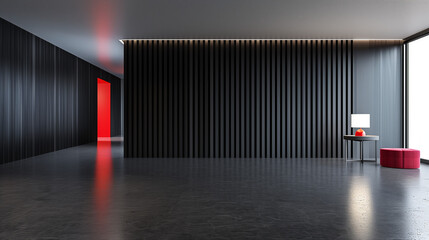 Modern interior with vertical black slatted walls, polished concrete floor, and a red accent lamp on the side. 3D Rendering 