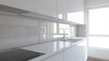 Modern kitchen splashback mockup. Kitchen furniture and empty, transparent backwall ready to insert picture, print. Minimalist design. Back wall mock up, template. Countertop and upper cabinets. 3D.