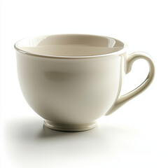 Cream-colored teacup, wide bowl, curved handle, empty.