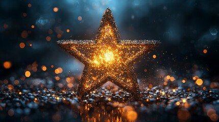 Glowing golden star on dark background with bokeh.