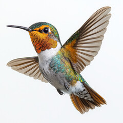 Fototapeta premium Hummingbird in flight, vibrant plumage, iridescent greens and oranges.