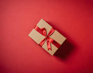 gift box with red ribbon and bow on red background, Valentine's special gift, AI-generated, Kraft box with red ribbon
