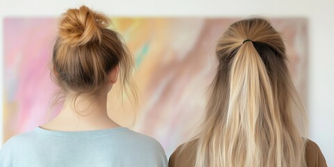 Fototapeta premium The image showcases two women from behind, observing a colorful abstract painting, evoking a sense of curiosity and appreciation for art in a gallery setting.