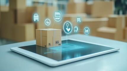 Digital Tablet Displaying Package Tracking and Delivery Icons