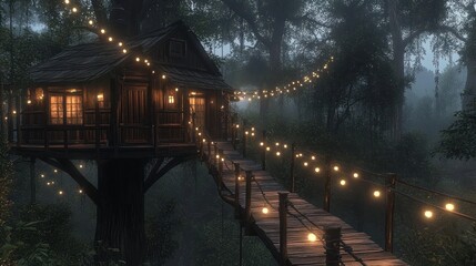 Fototapeta premium Magical treehouse in misty forest at night.