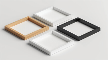 Picture frames set with white Passepartout on transparent background. White, wooden and black square frames, 30x30 cm. Template, mock up for your picture, artwork, poster or photo. 3d rendering.