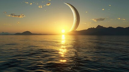 Crescent moon rising over tranquil ocean at sunrise with mountain backdrop.