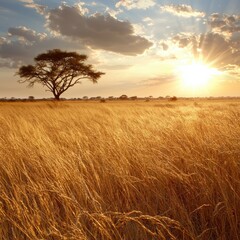 Obraz premium Captivating sunset over peaceful savanna serengeti national park landscape tranquil environment wide angle view nature's beauty