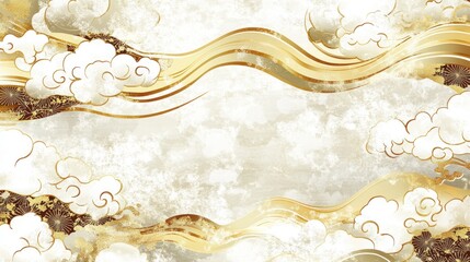 Elegant Gold Clouds and Waves: A Serene Japanese-Inspired Art Print