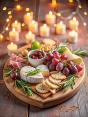 Romantic Cheese Platter with Heart-Shaped Brie, Cured Meats, Grapes, and Crackers on a Wooden Board