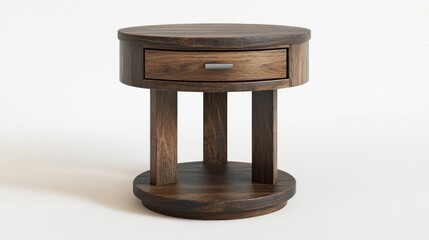 Dark wood round side table with single drawer and three legs.