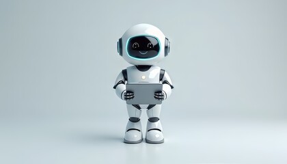 Friendly white robot holding a tablet with a cheerful expression.