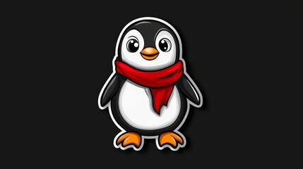Fototapeta premium Adorable cartoon penguin bundled up in a red scarf against a dark background.