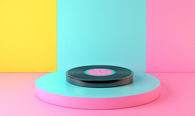 Vibrant records player display music industry showcase digital art installation colorful studio environment creative perspective