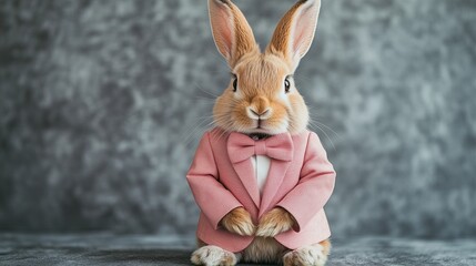 refined rabbit in a pastel pink suit and bow tie, set against a minimalist grey background, radiating sophistication