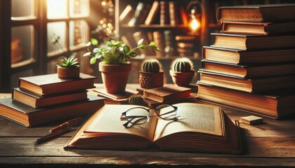 Vintage desk scene, open leather-bound book, quill pen, stacked hardcover books, small potted succulents, warm lighting, wooden surface, antique keys, library atmosphere, cozy study nook, detailed tex