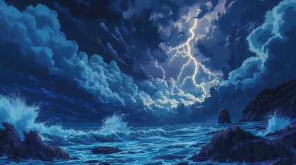Fototapeta premium Dramatic Ocean Storm with Lightning Night Seascape Wallpaper
