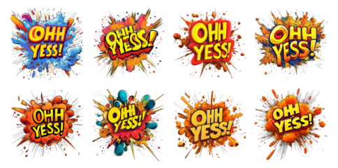 Pack 3D Rendering of Cartoon-Style Comic Explosion with the Text "OH YES" in Bold Typography, set Against a Transparent Background for Excitement, Victory, or Positive Reaction Campaigns