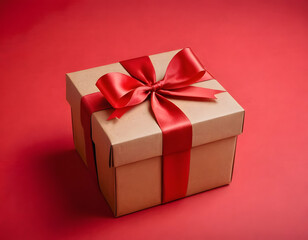 gift box with red ribbon on red background, Valentine's special gift, AI-generated, Kraft box with red ribbon, birthday present