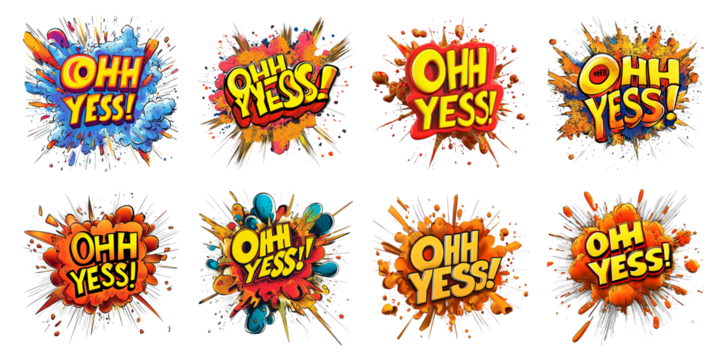 Pack 3D Rendering of Cartoon-Style Comic Explosion with the Text "OH YES" in Bold Typography, set Against a Transparent Background for Excitement, Victory, or Positive Reaction Campaigns