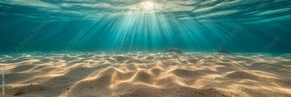 Poster sunbeams illuminate tranquil underwater scene, creating mesmerizing play of light and shadow on ripp