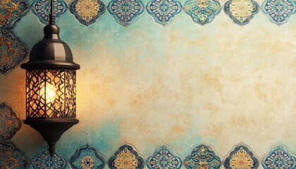 Festive Lantern with Intricate Islamic Tile Background