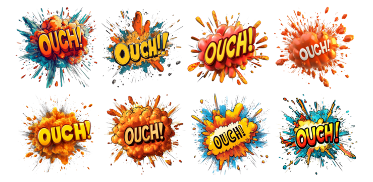 Pack Comic Explosion with the Text "OUCH" in Bold Typography, set Against a Transparent Background for Pain, Reaction, or Humor-Themed Campaigns