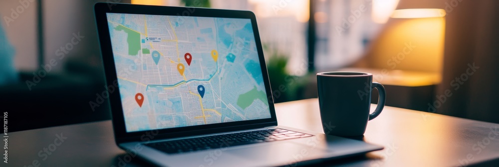 Aufkleber open laptop displaying online map with various location pins indicating points of interest, alongsid