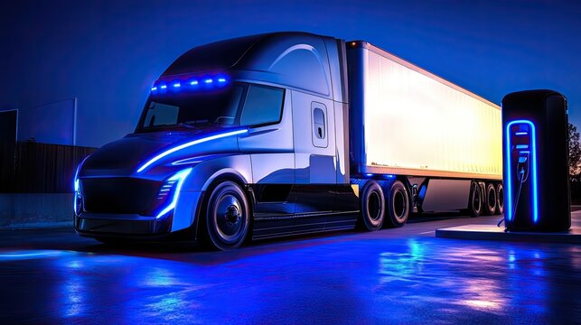 Futuristic electric truck illuminated at night, showcasing sleek