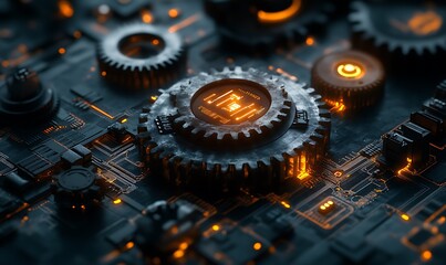 An image where old mechanical gears are transitioning into digital circuits