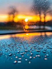Sunset Reflection on Car Window Condensation - A close-up captures water droplets on a car's surface, reflecting a vibrant sunset.  Symbolizing: tranquility, transition, nature's beauty, fleeting mome