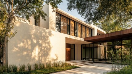 Fototapeta premium Modern house with large windows, wooden door, and stone pathway, nestled amongst lush greenery.