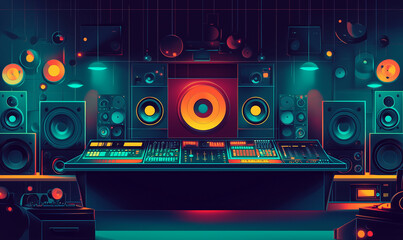 Fototapeta premium A vibrant music studio featuring a mixing console, large speakers, and colorful lighting, perfect for creating soundscapes.
