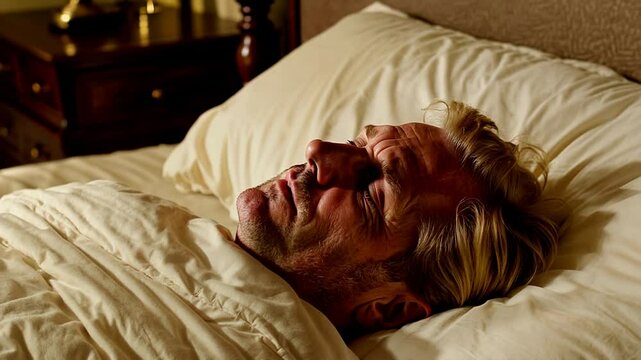 video of a 50 year old man sleeping poorly in bed