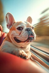 Joyful dog enjoying car ride with wind in its face, exuding happ